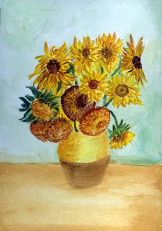 van Gogh’s Still Life Vase with Twelve Sunflowers in watercolor