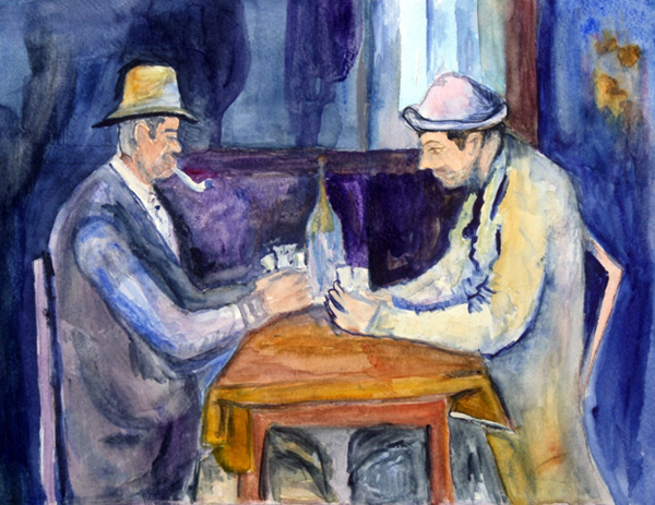 Cezannes The Card Players in watercolor